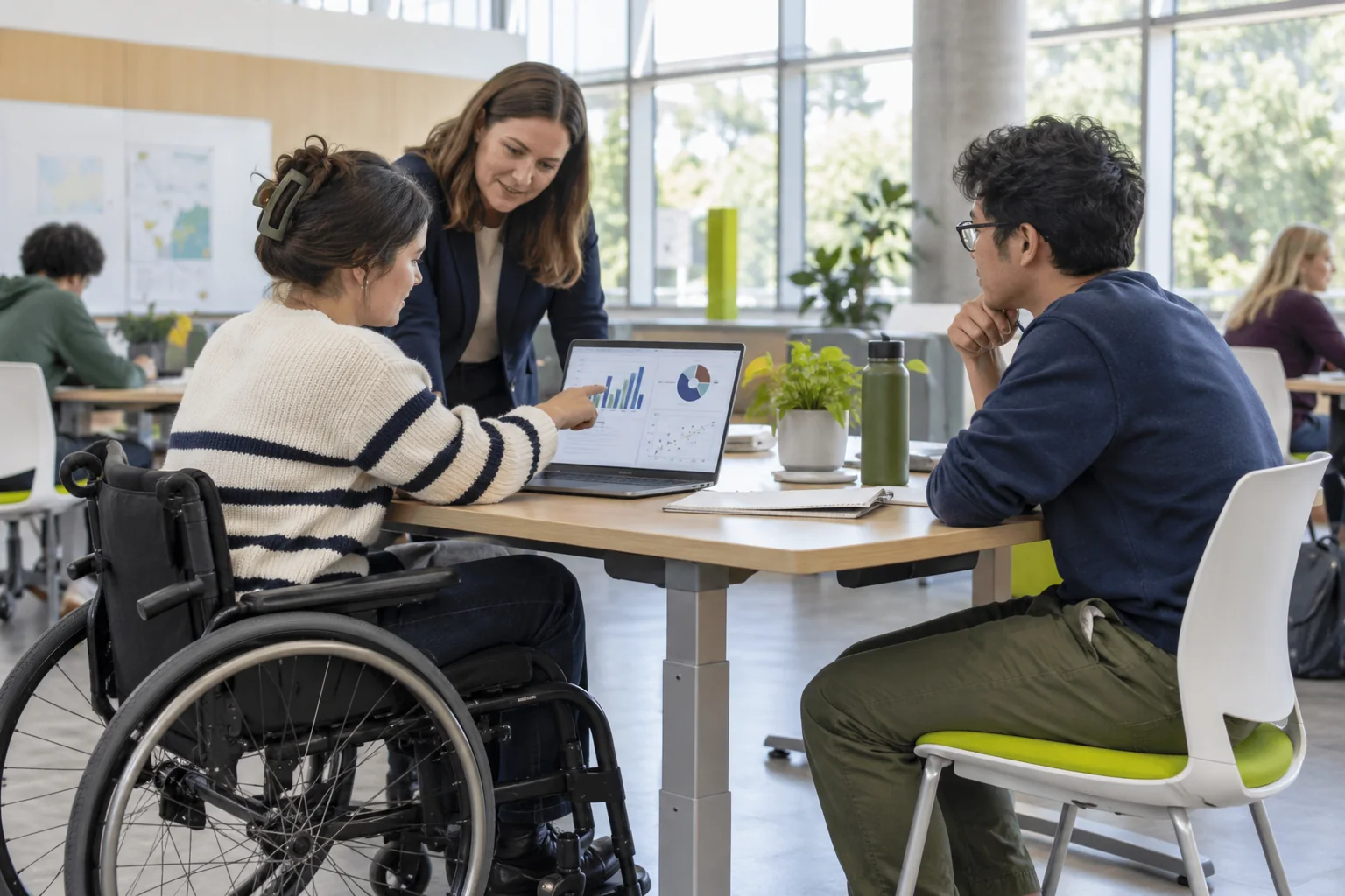 Estudiante usuaria de silla de ruedas trabajando en un laboratorio accesible
